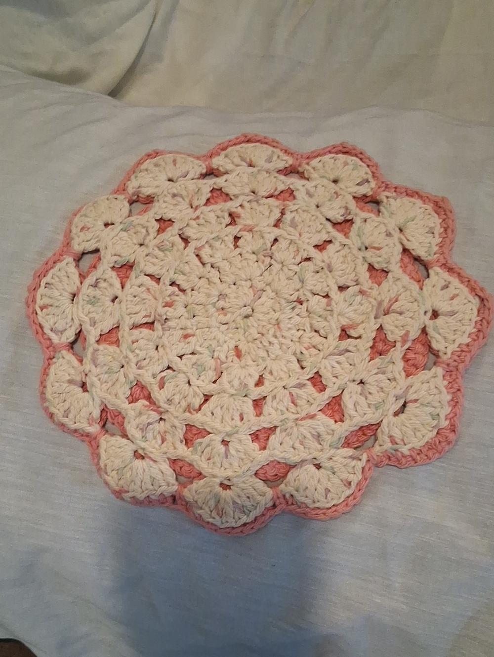 Handcrafted Cream and Pink Crochet Doily Hot Pad- Home Accent